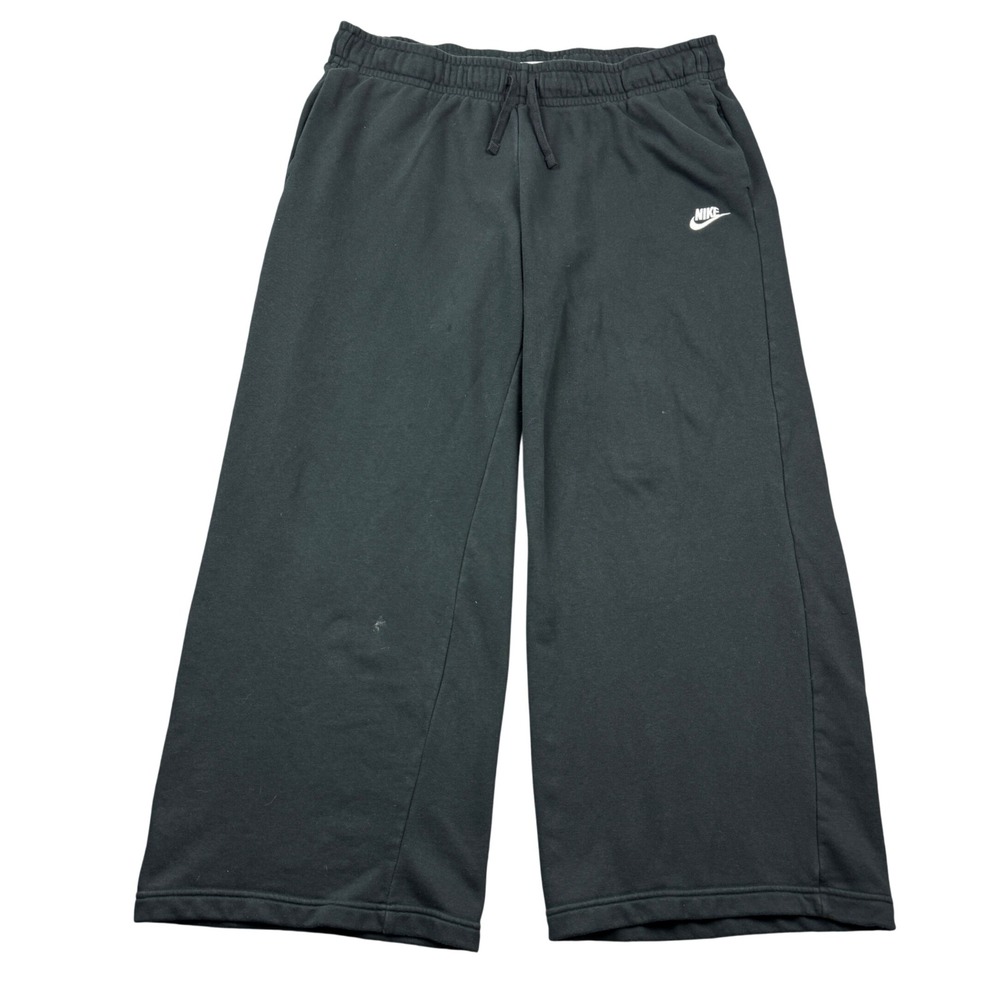 Nike Women XL Sportswear Wide Leg Fleece Sweatpants Black Drawstring Baggy Loose